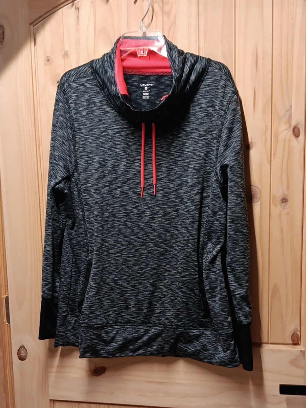 Layer 8 Black Heather Pull Over Knit Active Top With Drawstring Neck. EUC